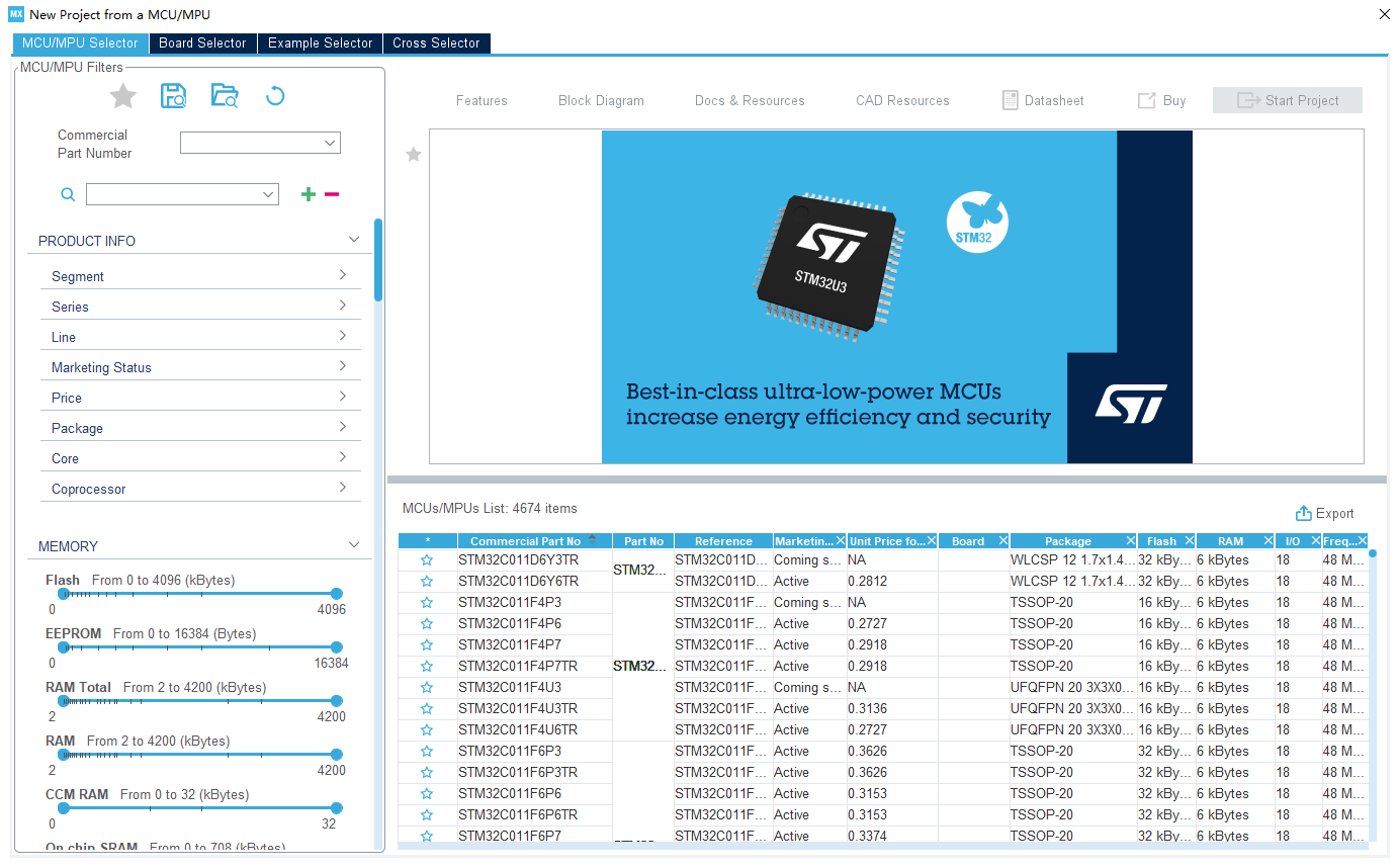 step by step stm32cubemx mcu selector