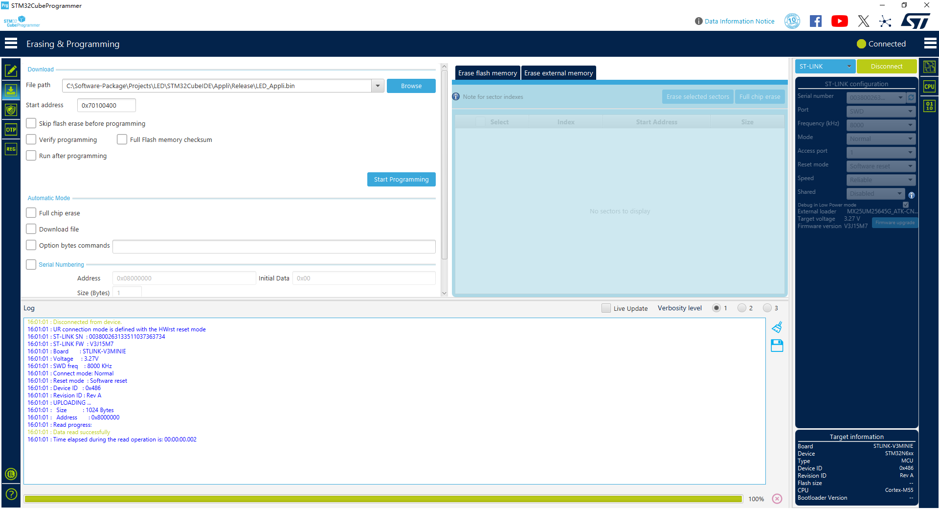 step by step stm32cubeprogrammer select appli